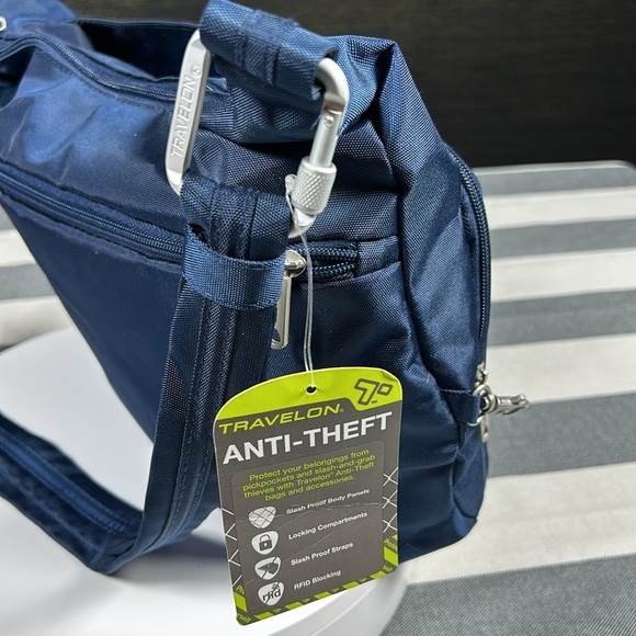 Travelon Womens Navy Blue Anti Theft Pleated Hobo Crossbody Bag RFID Travel - Picture 11 of 13